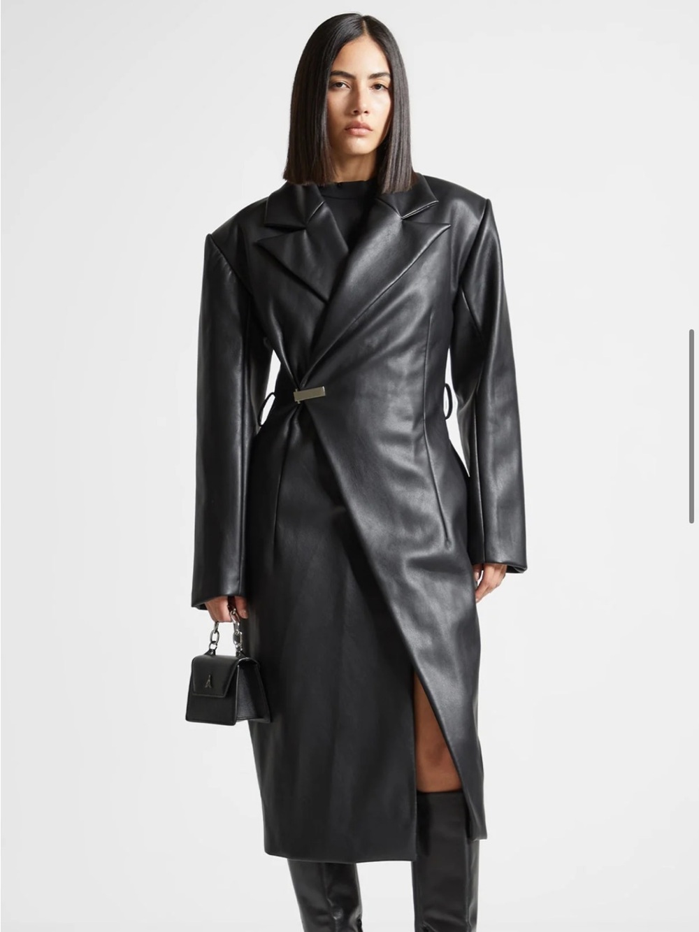 Vegan Leather Asymmetric Tailored Longline Coat Maniere De Voir